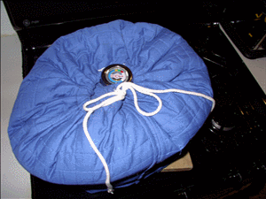 Dutch oven inside cozy with draw string pulled snug