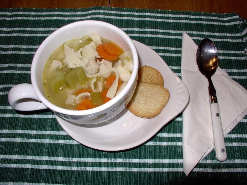 Click to enlarge - Homemade chicken soup with oodles of noodles.