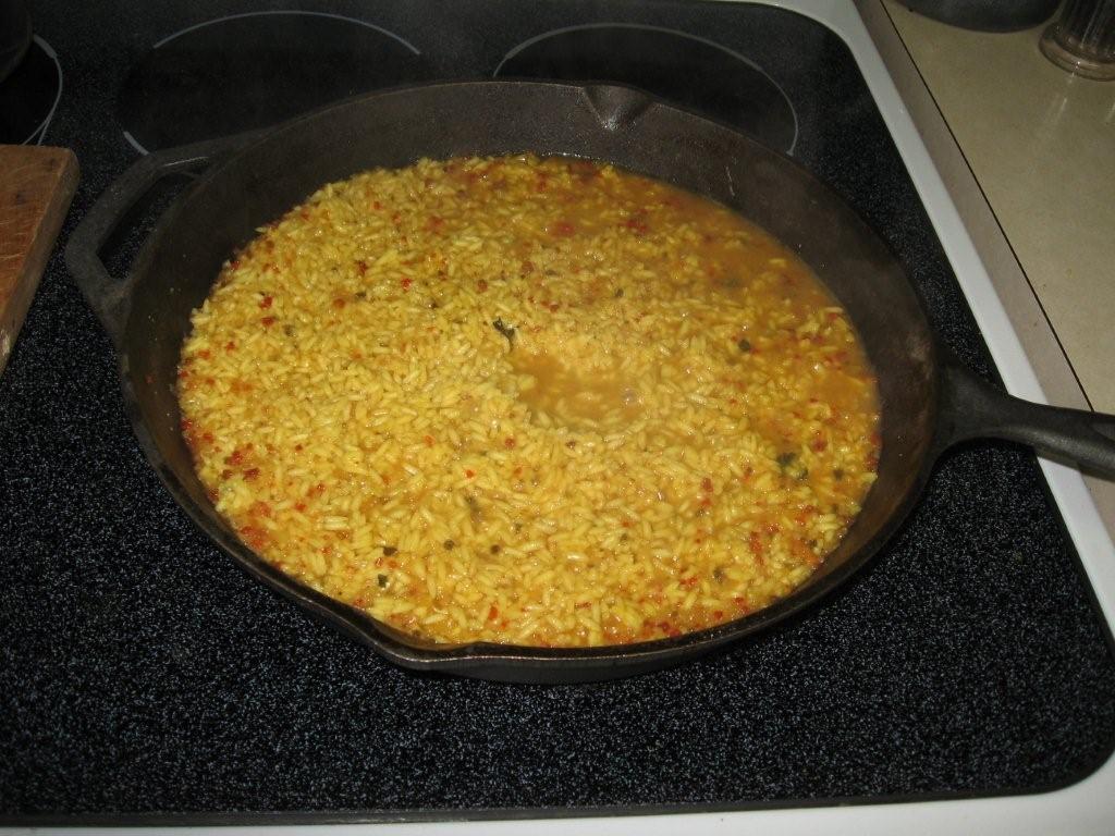 Click to enlarge -  Saffron rice after 10 minutes of covered simmering.