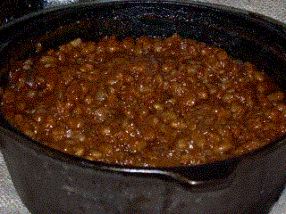 Click to enlarge - A large pot of chili and beans.