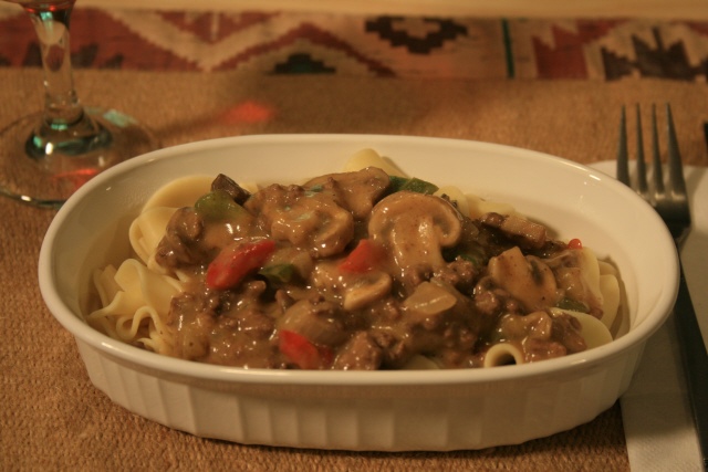Click to enlarge - Hamburger and mushroom goulash served over egg noodles.