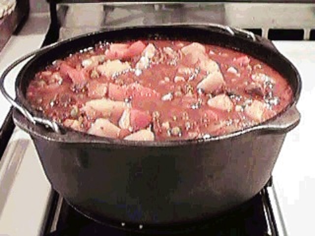 Click to enlarge - The ingredients, as listed, are ample to fill a 5-quart Dutch oven to the brim. The cst iron pot always seems to make the best batch of stew as well as being a great way to take a stew along on a camping trip.