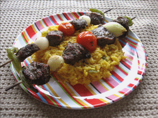 Moose-kabobs served with saffron rice.