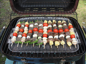 Moose-kabobs being grilled on expanded metal rack.