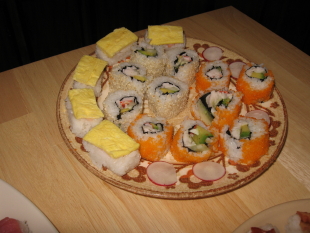 Nigirisushi with tamago, an egg omelet.