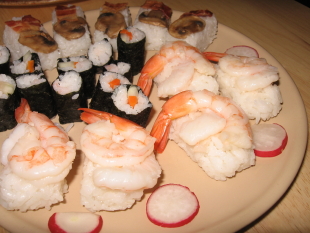 Nigirisushi with cooked shrimp.