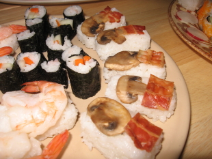 Non-traditional nigirisushi with crispy bacon and mushrooms. You saw it here first!